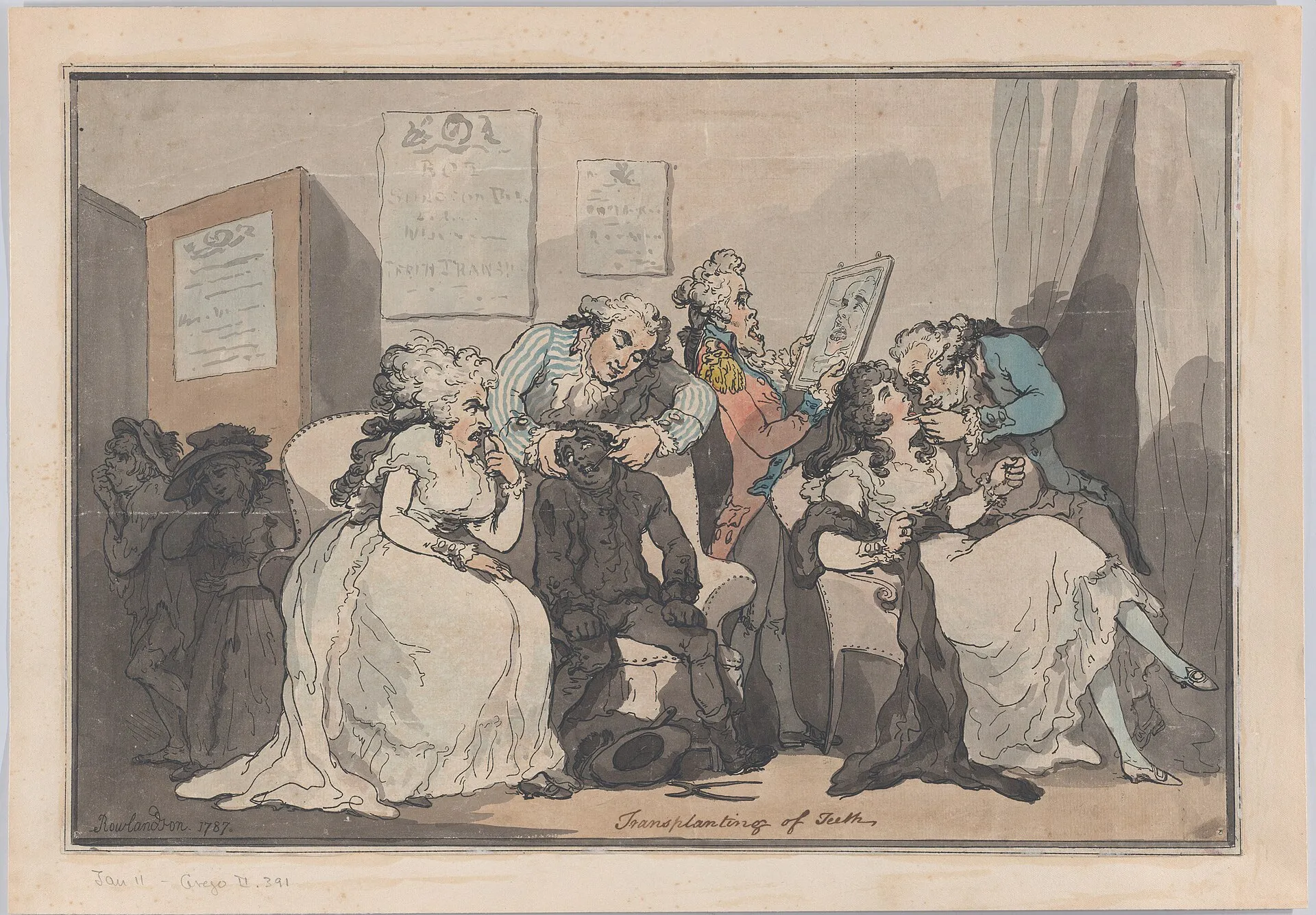 A coloured caricature of a fashionable dentist's room: a dentist pulls a tooth from a poor boy while a rich lady waits to receive it; other ragged children wait their turn