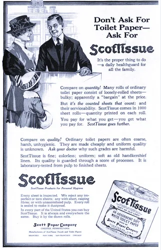 A 1919 magazine advertisement for ScotTissue toilet paper showing a roll and a woman, with text about its softness