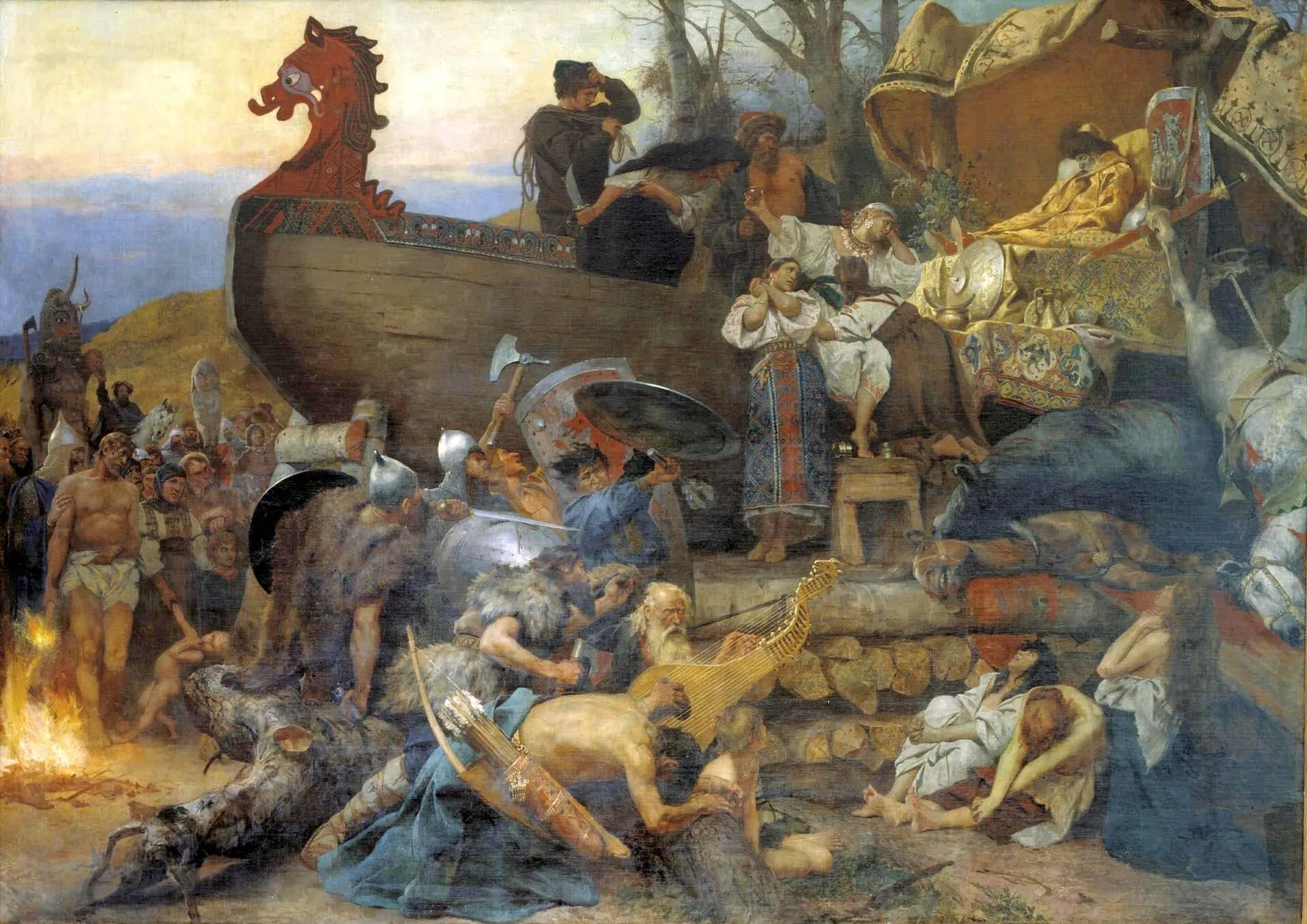 A large oil painting of a crowd on a riverbank around a funeral pyre and a ship, with warriors, women and a figure in dark robes presiding
