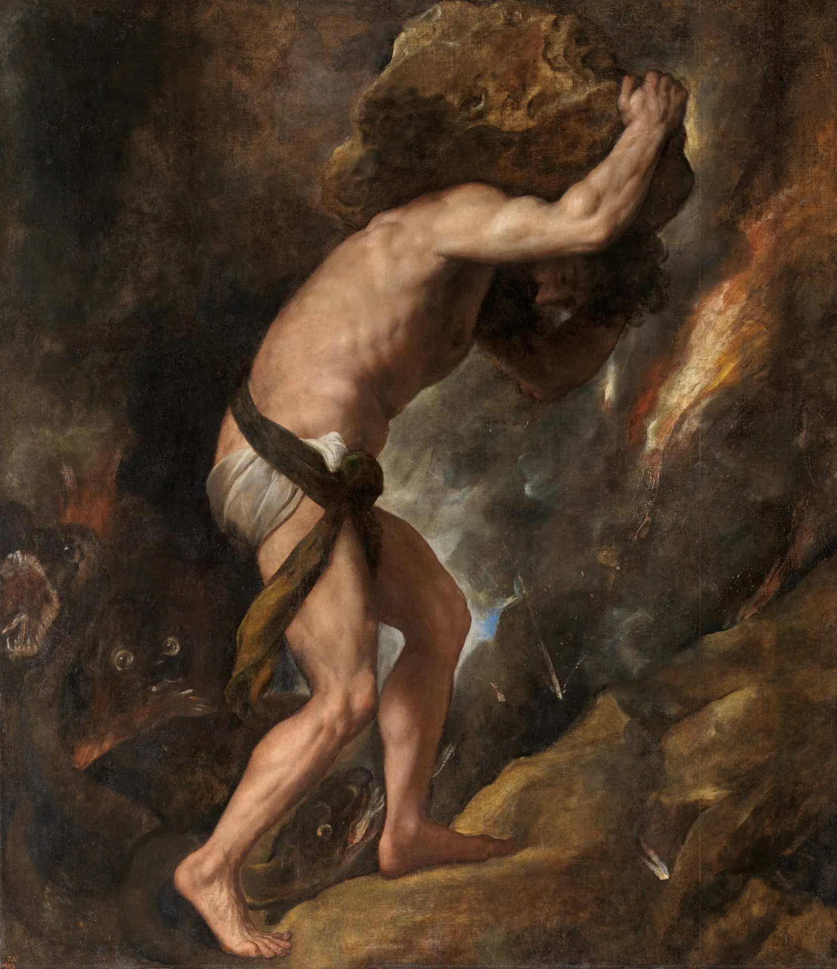 Titian's painting of Sisyphus, a muscular nude figure bent under a huge boulder that he carries up a dark slope
