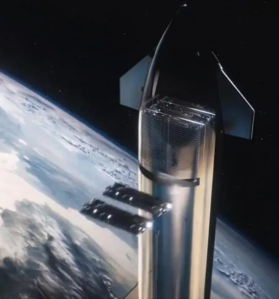 Illustration of Starship in orbit above Earth, with flat Starlink satellites sliding out of a slot in its side