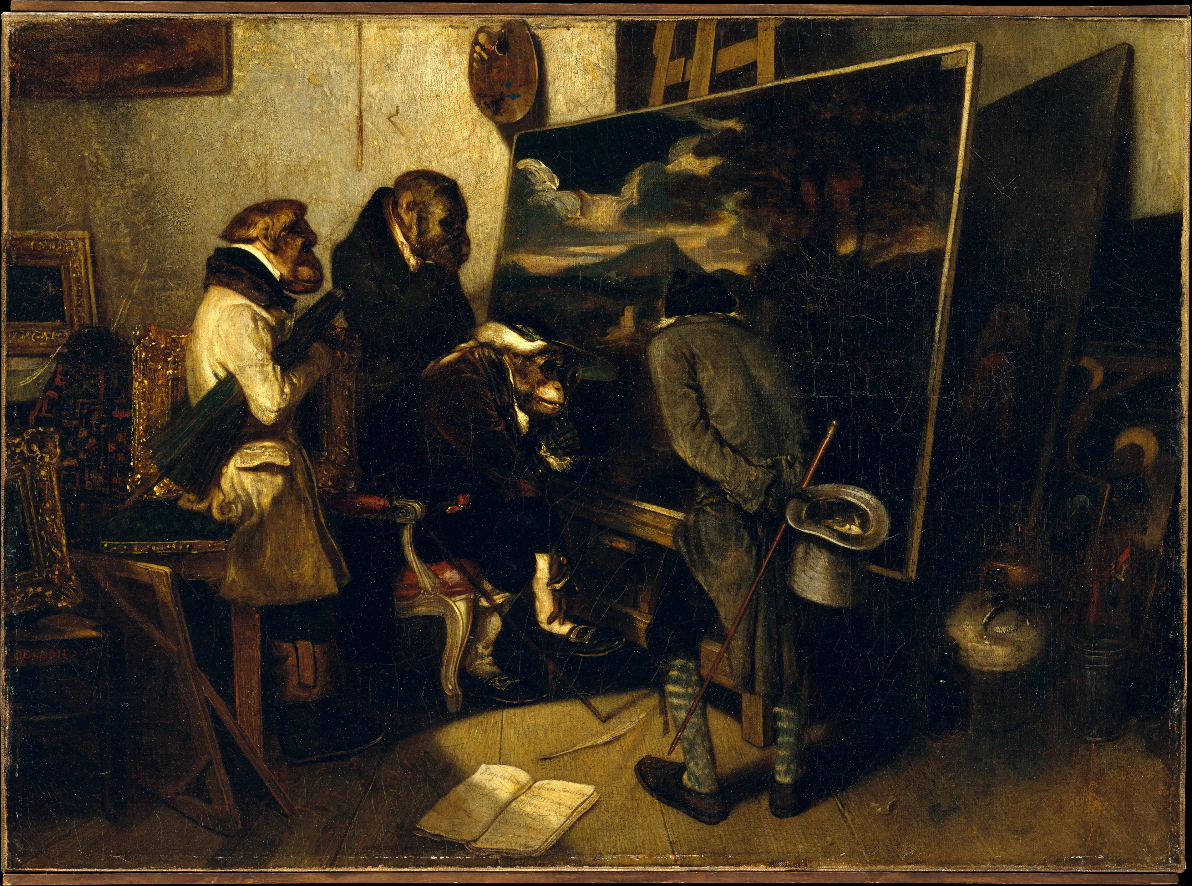 A painting of monkeys dressed as connoisseurs judging a painting