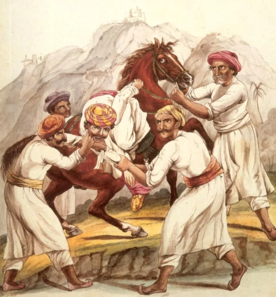 An Indian painting of men pulling a rider from his horse with a cloth around his neck
