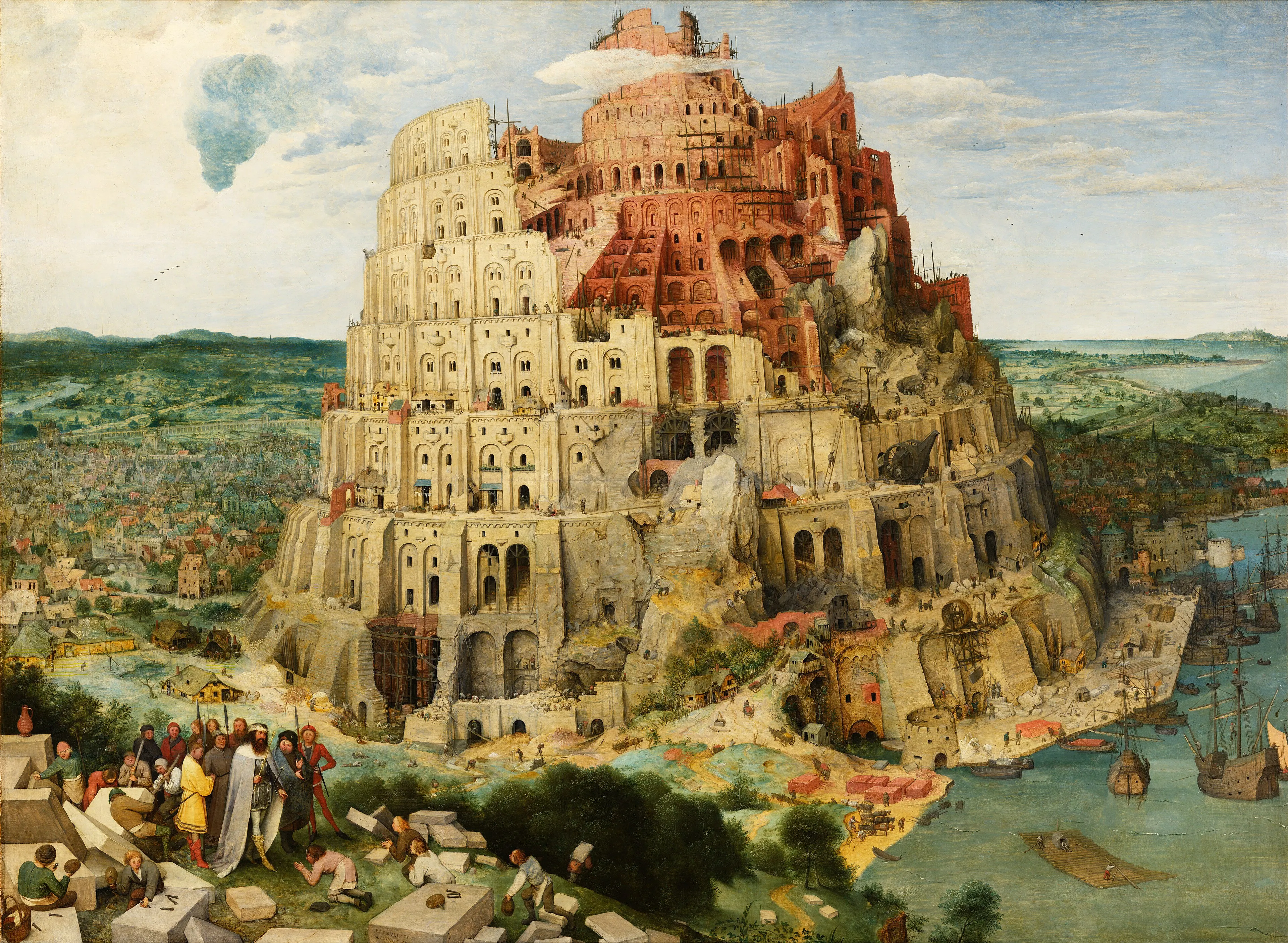 Bruegel's painting of the Tower of Babel under construction beside a harbour, with King Nimrod and masons in the foreground