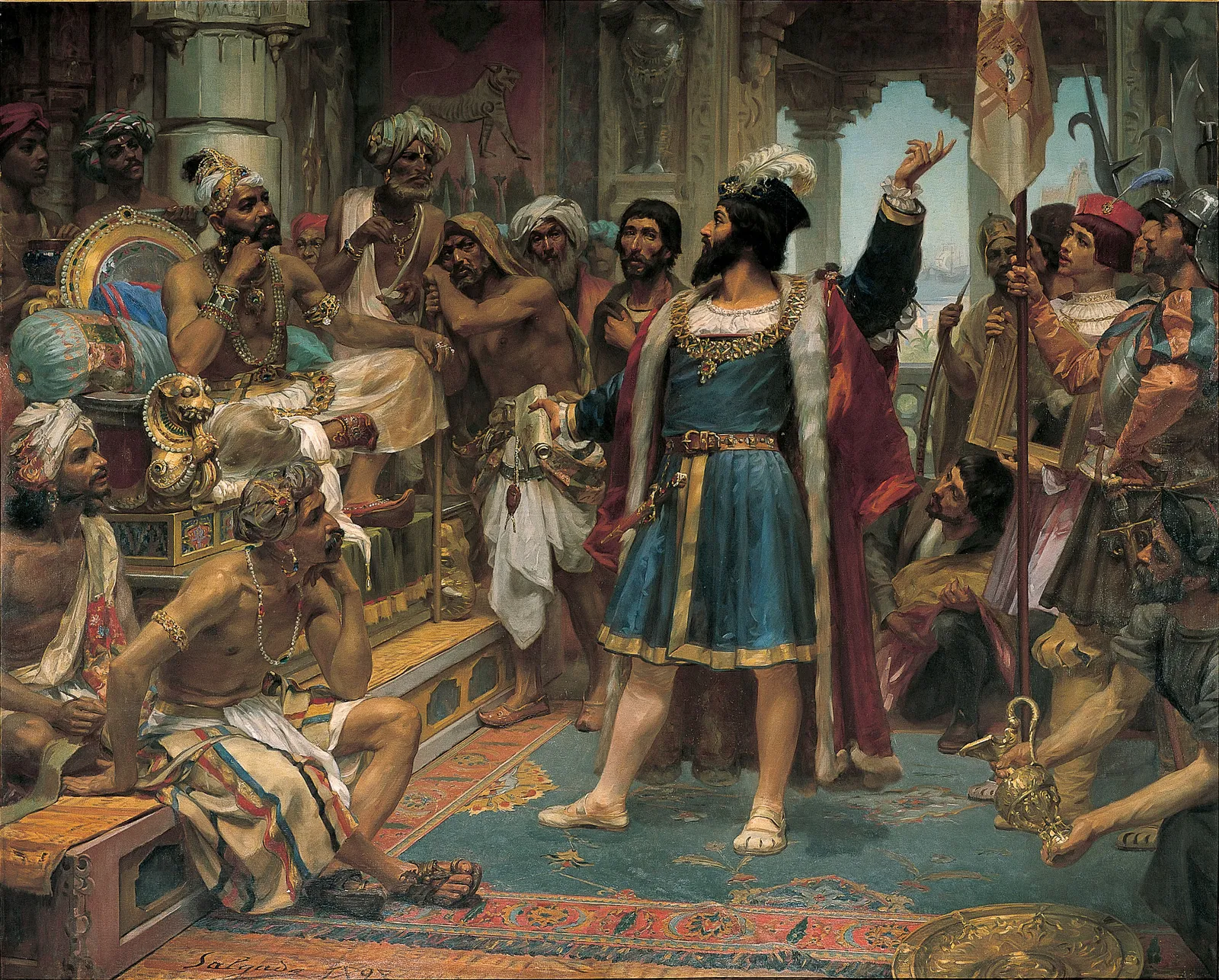 A history painting of Vasco da Gama in European dress standing before the Zamorin of Calicut, who sits on a raised throne surrounded by courtiers